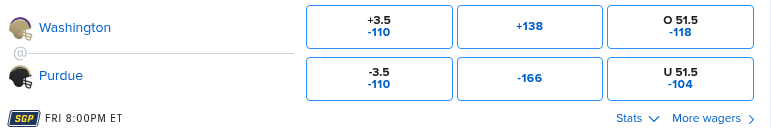 PlusEV_Bets's tweet photo. Friday night CFB, one bet, two prices:

Washington at Purdue (Fri 8 ET, FOX)
| Book | Purdue -3.5 |
| FD | -110 |
| DK | -108 |
as of 9:35 ET

Gap: 2¢ on the exact same ticket.

Are you shopping Friday games or just Saturday? https://t.co/sZHvBlSrY3