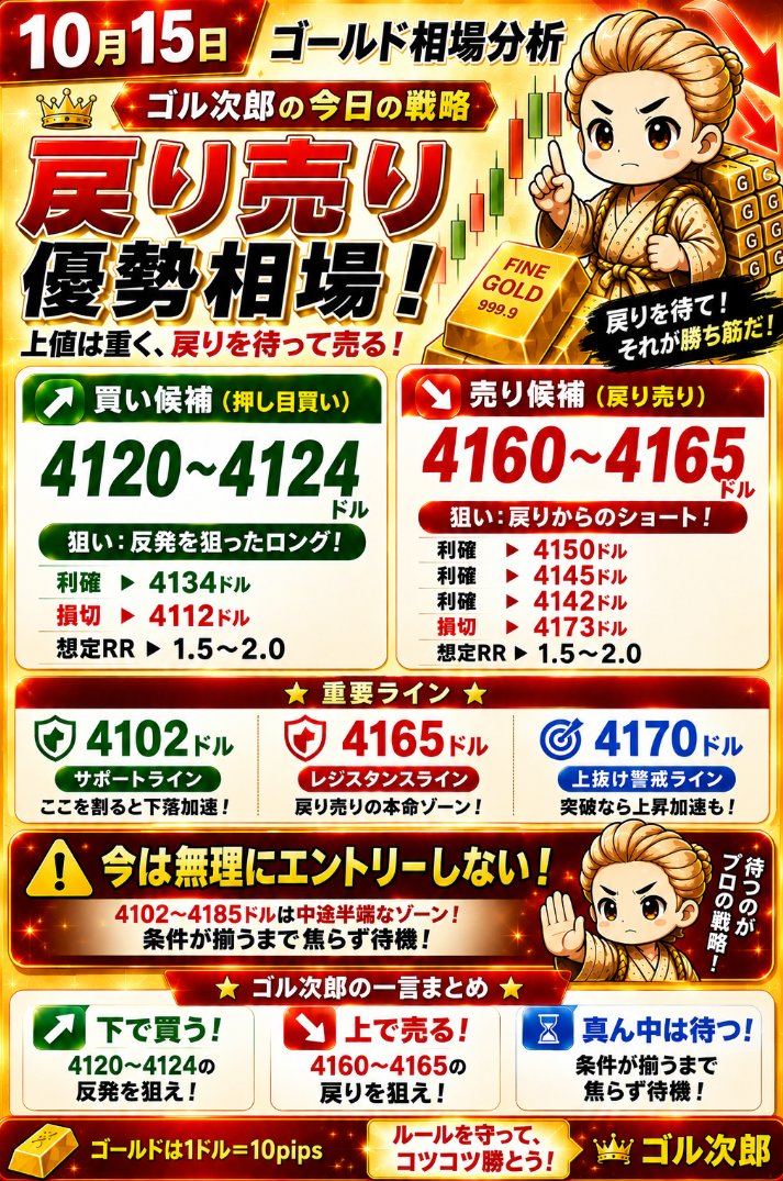 gorujiro_gold's tweet photo. 【ゴールド予想｜4165ドルから下落警戒】

10/15（木）のゴールドは、
【戻り売り優勢】です。

〈エントリーポイント〉と〈根拠〉がこちら👇

────────────────

＜ゴル次郎のトレード戦略＞

📍 メイン：ショート（戻り売り）
■ 4,160〜4,165ドル
　利確：4,150ドル
　損切：4,173ドル

📍 サブ：ロング（押し目買い）
■ 4,120〜4,124ドル
　利確：4,134ドル
　損切：4,112ドル

✅予想レンジ
4,102〜4,185ドル

✅本日の目線
短期は反発上昇。
しかし、大筋は下目線と分析しています！

なぜなら、、、

────────────────
＜ゴル次郎の３POINT分析＞

①ファンダ視点
～主役は米CPI、焦点はFRBの追加利上げ～

📍 メイン材料：インフレ再加速＝ゴールドの���落要因

昨日のゴールド急落を引き起こした最大の要因は、米消費者物価指数（CPI）の上振れです。

9月の米CPIは、
■ 総合CPI：前年比3.7％
■ コアCPI：前年比2.6％
■ 総合CPI前月比：0.6％

市場予想を上回るインフレの強さが確認されました。

これによって、FRBが10月に追加利上げするとの観測が再燃。

市場の利上げ確率はCPI発表前の約22％から大幅に上昇しました。

流れを整理すると、

米CPIが予想を上回る
↓
インフレ長期化への警戒
↓
FRBの追加利上げ観測が強まる
↓
米国債利回りが上昇
↓
ドルが買われやすくなる
↓
ゴールドに売り圧力

という構図です。

米10年債利回りは5.2％台の高水準にあります。

ゴールドは利息を生まない資産なので、米金利が上昇すると相対的な投資魅力が低下しやすくなります。

昨日4,170ドル付近から4,073ドルまで急落した背景��は、この金融引き締めへの警戒がありました。

📍 サブ材料：中東リス��と急落後の買い戻し

一方、ゴールドを支える材料もあります。

中東情勢の緊張は、安全資産としてのゴールド需要を高める要因です。

さらに、昨日の急落後は4,073ドル付近で下げ止まり、現在は4,140ドル台まで回復しています。

これは安値圏で買い戻しが入っていることを示しています。

ただし、買い戻しが強いことと、上昇トレンドに転換したことは別です。

本日は米PPIや小売売上高にも注目。

強い経済指標が続けば、FRBの追加利上げ観測がさらに強まり、ゴールドの上値を抑える可能性があります。

📍 結論：ファンダは売り優勢

現在の構図は、

■ 米CPI上振れと金利上昇が上値を抑える
■ 中東リスクと安値圏の買い戻しが下値を支える

という状態です。

私は現時点では、米金利上昇による売り圧力を重視しています。

そのため、
「売るなら上昇を待つ」
という戦略が基本です。

────────────────
②テクニカル視点
～4時間足～

4時間足では、下降トレンドが継続しています。

高値と安値を切り下げる動きが続き、直近では4,207ドル付近から再び大きく下落しました。

■ RSI：49付近
■ BB中心線：4,145ドル
■ 前日高値：4,170ドル
■ 前日安値：4,073ドル

RSIは買われ過ぎ・売られ過ぎを見る指標です。

50が買いと売りの勢いを判断する目安で、現在の49はほぼ中立。

つまり、昨日の急落による売りの勢いは一服していますが、買い優勢への転換はまだ確認できません。

また、ボリンジャーバンド中心線は4,145ドル付近。

現在価格はちょうどこの水準にあります。

BB中心線は一定期間の平均価格を示すもので、価格が上で定着すれば買いが強まりやすく、下で推移すれば売りが優勢になりやすいラインです。

そのため、4,145ドルは重要な分岐点です。

ただし、4,145ドルを回復しただけでは強気転換とは判断しません。

上には4,165ドル、4,170ドルという抵抗帯が控えています。

特��4,170ドルを明確に突破できるかが重要です。

ここを突破できなければ、下降トレンド内の戻りとして再び売られる可能性があります。

逆に4時間足で4,170ドルを上抜けて維持できれば、4,185ドル、さらに4,207ドルへの上昇を警戒します。

4時間足は、大きな方向感を判断する時間足です。

現時点では、まだ売り優勢と見ています。

────────────────
③テクニカル視点
～1時間足～

1時間足では、短期の買い戻しが鮮明です。

■ RSI：59
■ BB中心線：4,121ドル
■ 直近サポート：4,122ドル
■ 直近レジスタンス：4,165ドル

昨日4,073ドルまで急落した後、価格は4,140ドル台まで急反発しました。

RSIも59まで回復しており、短期では買いの勢いが強まっています。

また、現在価格はBB中心線4,121ドルを上回っています。

これは短期的な相場環境が改善していることを示しています。

ただし、現在の反発は4時間足の下降トレンドに逆らう動きです。

そのため、上昇を追いかけて買うよりも、抵抗帯での反応を確認したいところです。

注目するのは4,165ドル。

ここまで上昇して売りが強まれば、4,145ドル、4,142ドルへ���反落が考えられます。

反対に、4,122ドルまで下落して買いが入るなら、短期の押し目買いも検討できます。

1時間足は、実際のエントリー判断に使う時間足です。

価格が重要ラインに到達した後、ローソク足の反転を確認することが大切です。

────────────────
＜トレード戦略まとめ＞

今日のゴールド相場のPOINTは、

✅4,160〜4,165ドルの戻り売り、もしくは4,120〜4,124ドルの押し目買いです！

🔥想定シナリオ🔥

■ メインは4,160〜4,165ドルの戻り売り
■ 利確は4,150→4,145→4,142ドル
■ 損切りは4,173ドル

■ サブは4,120〜4,124ドルの押し目買い
■ 利確は4,134→4,140→4,142ドル
■ 損切りは4,112ドル

■ 4,170ドルを突破すれば売り目線を再評価
■ 4,122ドルを割れば4,102ドルへの下落を警戒

今日は、短期の反発と中期の下降トレンドがぶつかる局面です。

特に初心者の方は、

「上がっているから買う」

「下がっているから売る」

という判断を避けてください。

重要なのは、

「狙った価格まで待つ」
↓
「反転を確認する」
↓
「損切り位置を決めて入る」

という順番です。

昨日のように大きく動いた翌日は、急反発と再下落の両方が起こり得ます。

だからこそ、無理にエントリーする必要はありません。

『根拠があるなら躊躇うな。ないなら触るな。』

────────────────

損切りを必ず設定し、
リスク管理を徹底してください！
特に今日は重要経済指標の発表も控えています。

発表前後は値動きが急激に��きくなる可能性があるため、通常よりも慎重に判断しましょう。

参考になった方は「ブックマーク」で保存しておくと、トレード判断の役に立つと思います。
#ゴールド
#XAUUSD