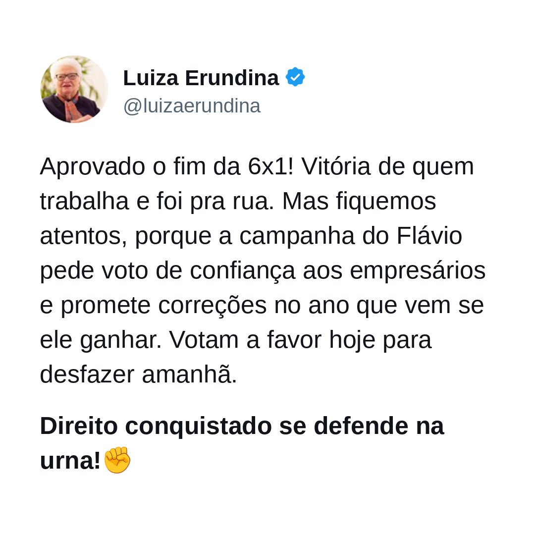 luizaerundina's tweet photo. 🚨VITÓRIA! Senado aprova proposta de Lula para pôr fim à escala 6x1. VIVA O POVO BRASILEIRO! #BoraLula https://t.co/ZYqZpvE6iA