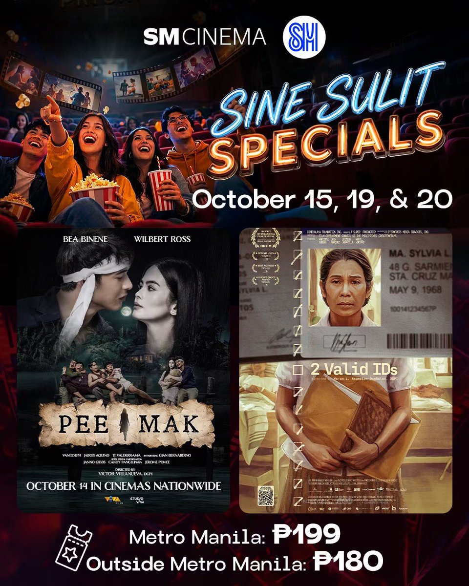 beaholics's tweet photo. ++ SM Cinema has a SULIT offer today! 👀🍿

Metro Manila PeeMak tickets are ₱199 na lang, while outside Metro Manila, ₱180 na lang! 🥳

ROI MALALA talaga sa presyo HAHAHA! Kung naghahanap kayo ng sign para manood ng #PeeMakPH, ETO NA ’YON! 😉 https://t.co/aii7aKAnNH