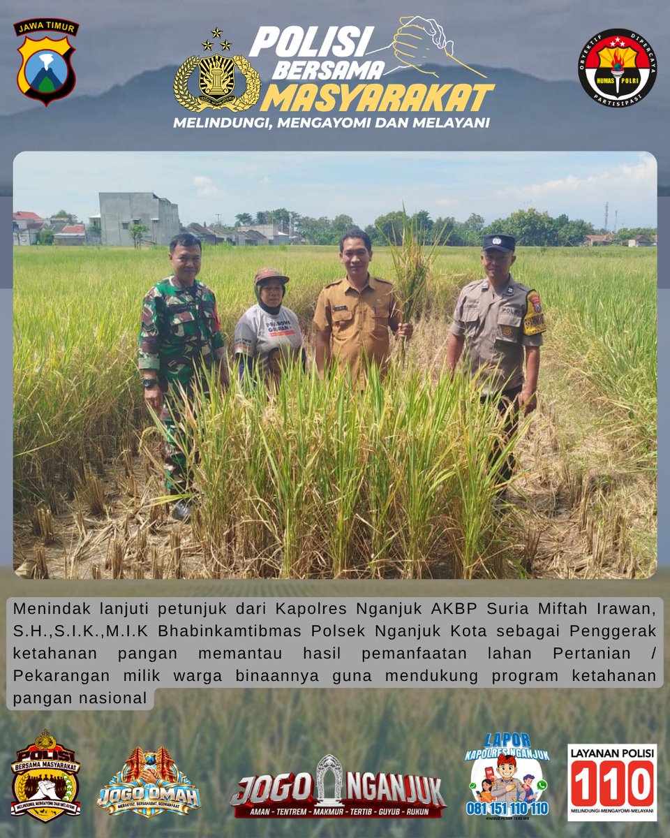 humaspolsetangk's tweet photo. Bhabinkamtibmas Polsek Nganjuk Kota sebagai Penggerak ketahanan pangan memantau pemanfaatan lahan Pertanian milik warga binaannya guna mendukung program ketahanan pangan nasional

#astacita
#ketahananpangan
#swasembadapangan
#polisikawalketahananpangan
#polisibersamamasyarakat https://t.co/rL8ouOCr9q