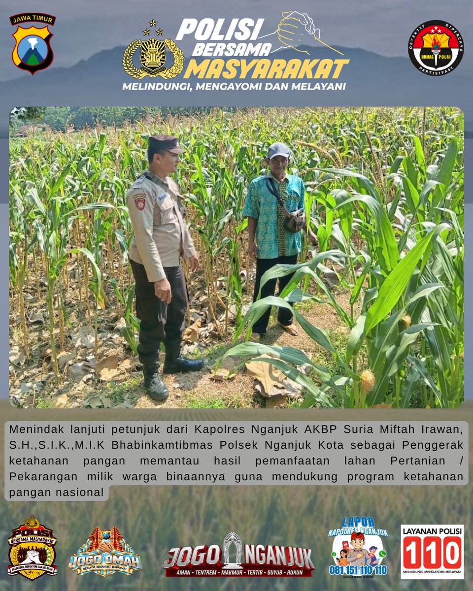 humaspolsetangk's tweet photo. Bhabinkamtibmas Polsek Nganjuk Kota sebagai Penggerak ketahanan pangan memantau pemanfaatan lahan Pertanian milik warga binaannya guna mendukung program ketahanan pangan nasional

#astacita
#ketahananpangan
#swasembadapangan
#polisikawalketahananpangan
#polisibersamamasyarakat https://t.co/BnoG5ezFgY