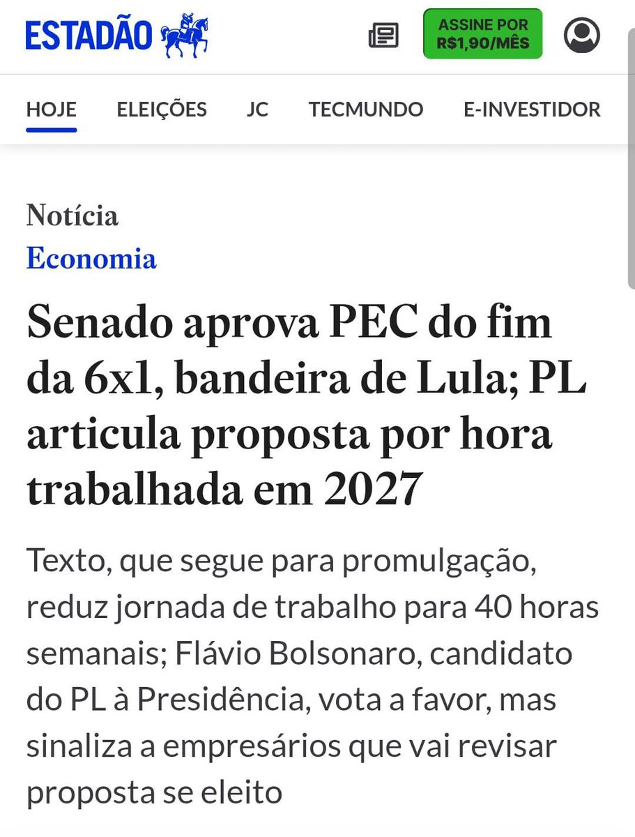 lazarorosa25's tweet photo. 🚨 EDIÇÃO COLECIONADOR: no mesmo print, Estadão anuncia vitória de Lula; que Flávio votou por conveniência e pretende reverter e fazer a vontade do empresário e não do trabalhador, se eleito.

LULA ACABOU COM A 6X1
VITÓRIA DA CLASSE TRABALHADORA https://t.co/dDYVh0qDJe