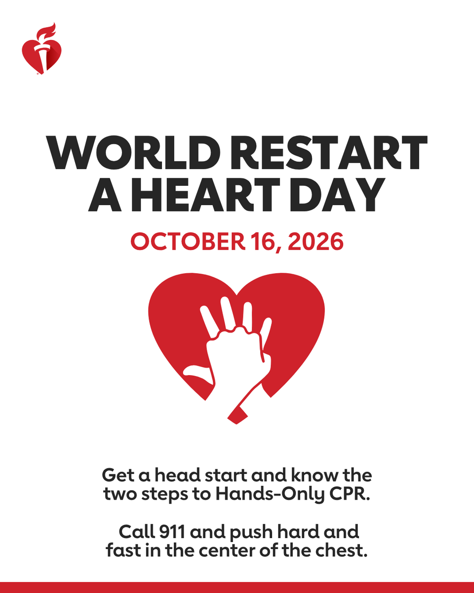 GoRedForWomen's tweet photo. It’s always a good day to learn to save a life. Because when seconds matter, you have the power to help. 

Get a jump on World Restart a Heart Day by learning the two steps of Hands-Only CPR: If a teen or adult collapses, call 911 and push hard and fast in the center of the chest.
