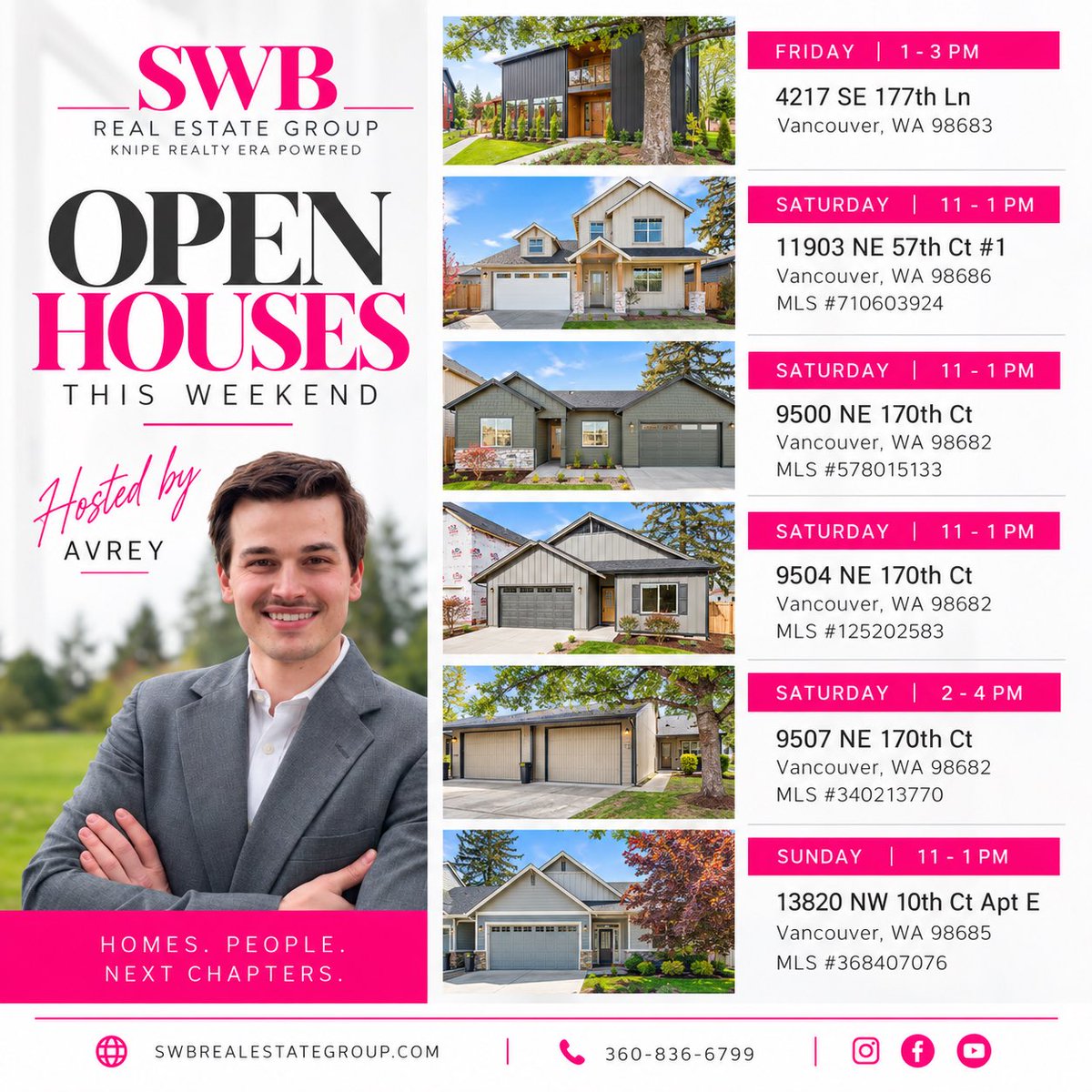 SWBGroup's tweet photo. 🏡 OPEN HOUSES THIS WEEKEND! 💗

Six beautiful homes, different styles, and plenty of opportunities to find your perfect fit!

Join Avrey DiPietra this Friday through Sunday for a weekend of open houses throughout Vancouver, WA!

📞 360-836-6799 https://t.co/2ihkutIWEM