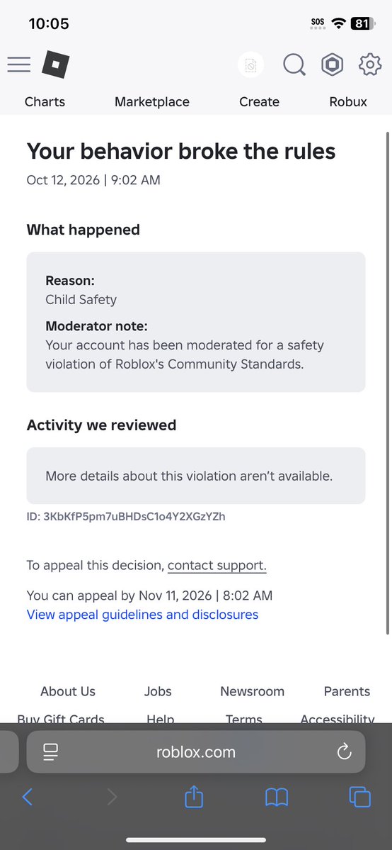 JKBPoss3sed's tweet photo. @Roblox a few days I was banned due to “child safety violation” which I did not do and a lot of people also experienced this ban wave and and the appeal process doesn’t work. My user is BreakingMyCurse please unban me I had this account since 2014 I been sending a lot of emails. https://t.co/heXObhSRsb