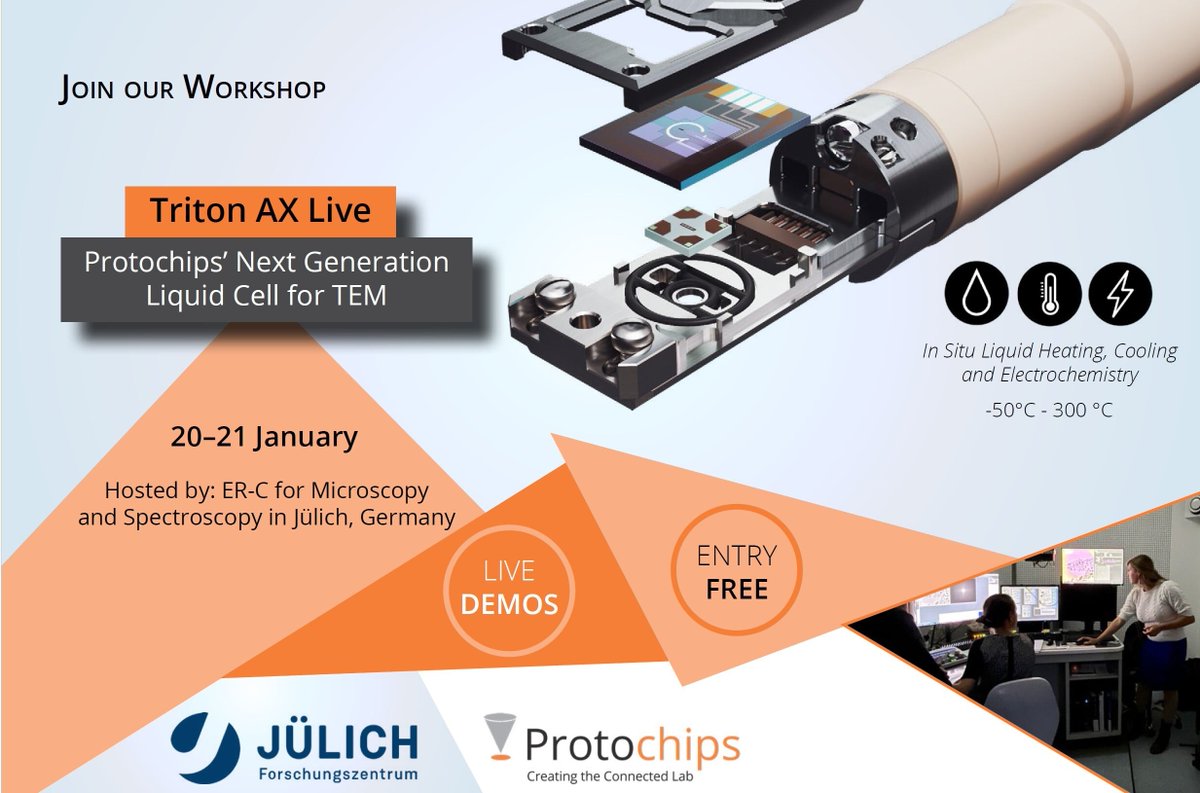 Protochips's tweet photo. Protochips and ER-C Jülich invite you to the first public demonstration of the Triton AX system!💧 On January 20th and 21st this workshop provides an exclusive opportunity to see Protochips’ newest system for liquid heating, cooling, and electrochemistry.
https://t.co/ZCbesA4AQD https://t.co/kI6TwdJaUx