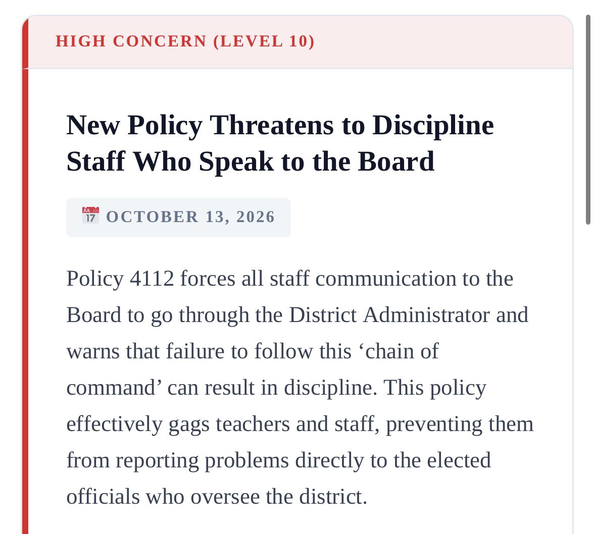 TinaDescovich's tweet photo. M4L Aware is starting to expose bad policy in droves.  These specific polices below are adopted from NEOLA drafts. Many districts have a contract with NEOLA and blindly adopt their bad recommendations. 
Why is this policy bad? 
Here's a story: 
When I was on the school board I visited my schools quarterly at a minimum to listen to staff and teachers. At Some schools they'd share openly. At one school, a teacher slipped me a note that said "it's not safe for me to talk here, please email me for details" 
That told me all I needed to know about the leadership at that school. 
School board members must have access to schools, teachers and staff. 
Transparency makes better government, systems and schools.