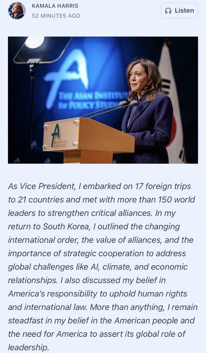 archivekamala's tweet photo. .@KamalaHarris: “In my return to South Korea, I outlined the changing international order, the value of alliances, and the importance of strategic cooperation to address global challenges like AI, climate, and economic relationships.”

Read her full remarks at the Asan Institute for Policy Studies in Seoul: https://t.co/JUe6hsKXa9