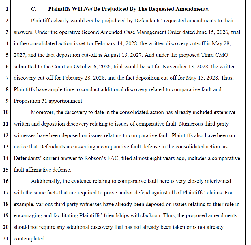 MJJRepository's tweet photo. The defense emphasizes how much of the existing discovery and depositions already explored theories of comparative fault, which the estate also asserted nearly 8 years ago in a reply to Wade's complaint.

That, combined with the 2+ years before trial would not prejudice the case. https://t.co/6oAiwKomJU