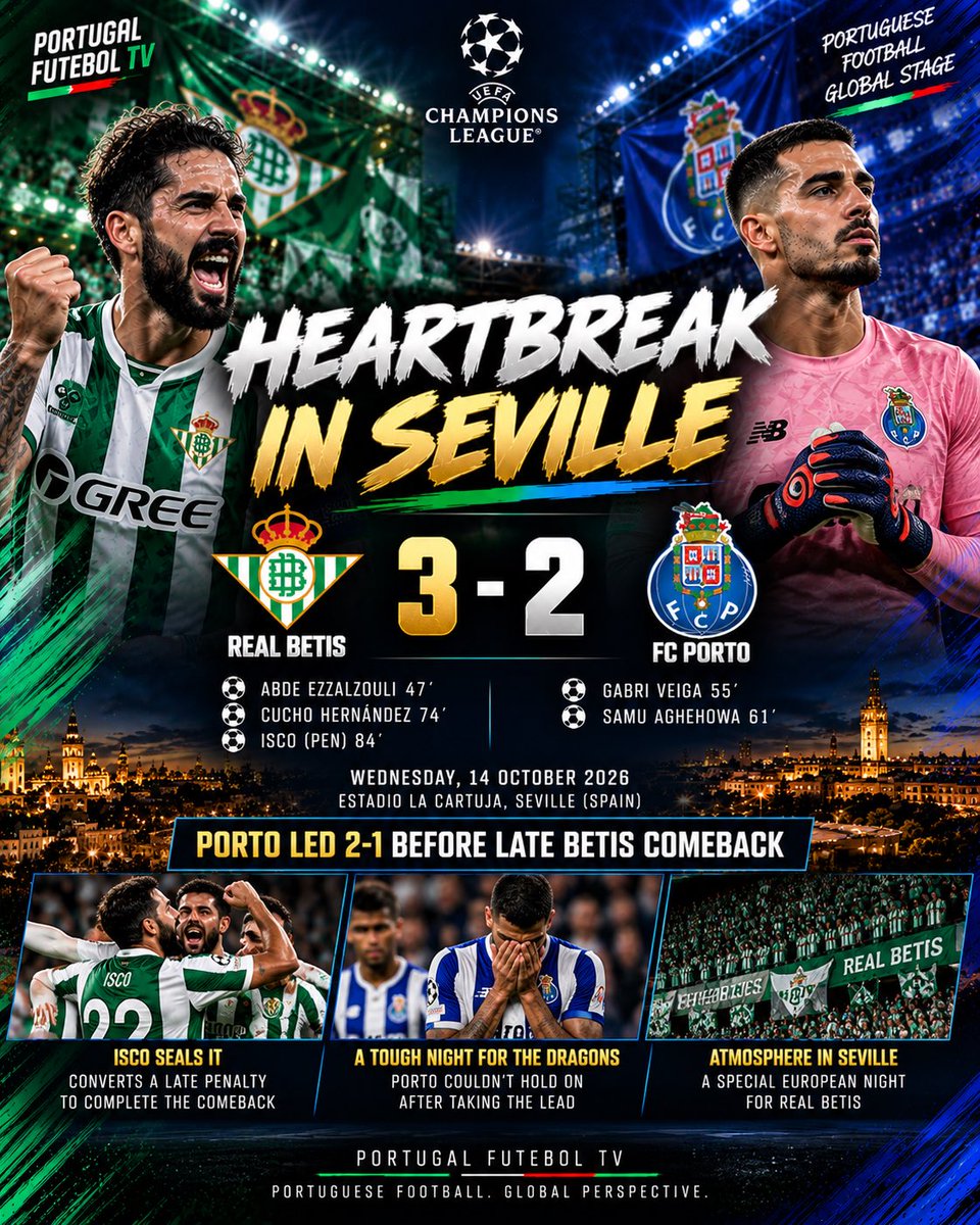 TugaFutebolTV's tweet photo. 🐉💔 HEARTBREAK IN SEVILLE!

🇪🇸 Real Betis 3–2 FC Porto 🇵🇹

⚽ Gabri Veiga 55’
⚽ Samu 61’

Porto fought back to lead 2–1, but Cucho Hernández equalized before Isco’s 84’ penalty sealed the win.

📉 Two UCL matches. Two defeats.

💬 What went wrong for Porto?

#FCPorto #UCL https://t.co/iIkRxyb5FS