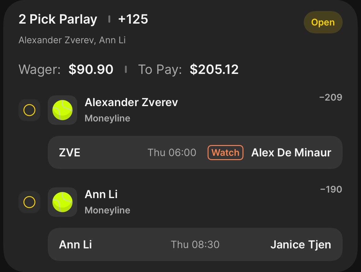 AlphaMindPicks's tweet photo. 10/15 Tennis play 

$90.90 —> $205.12

Zverev ML
Ann Li ML https://t.co/rwKJcCw04G
