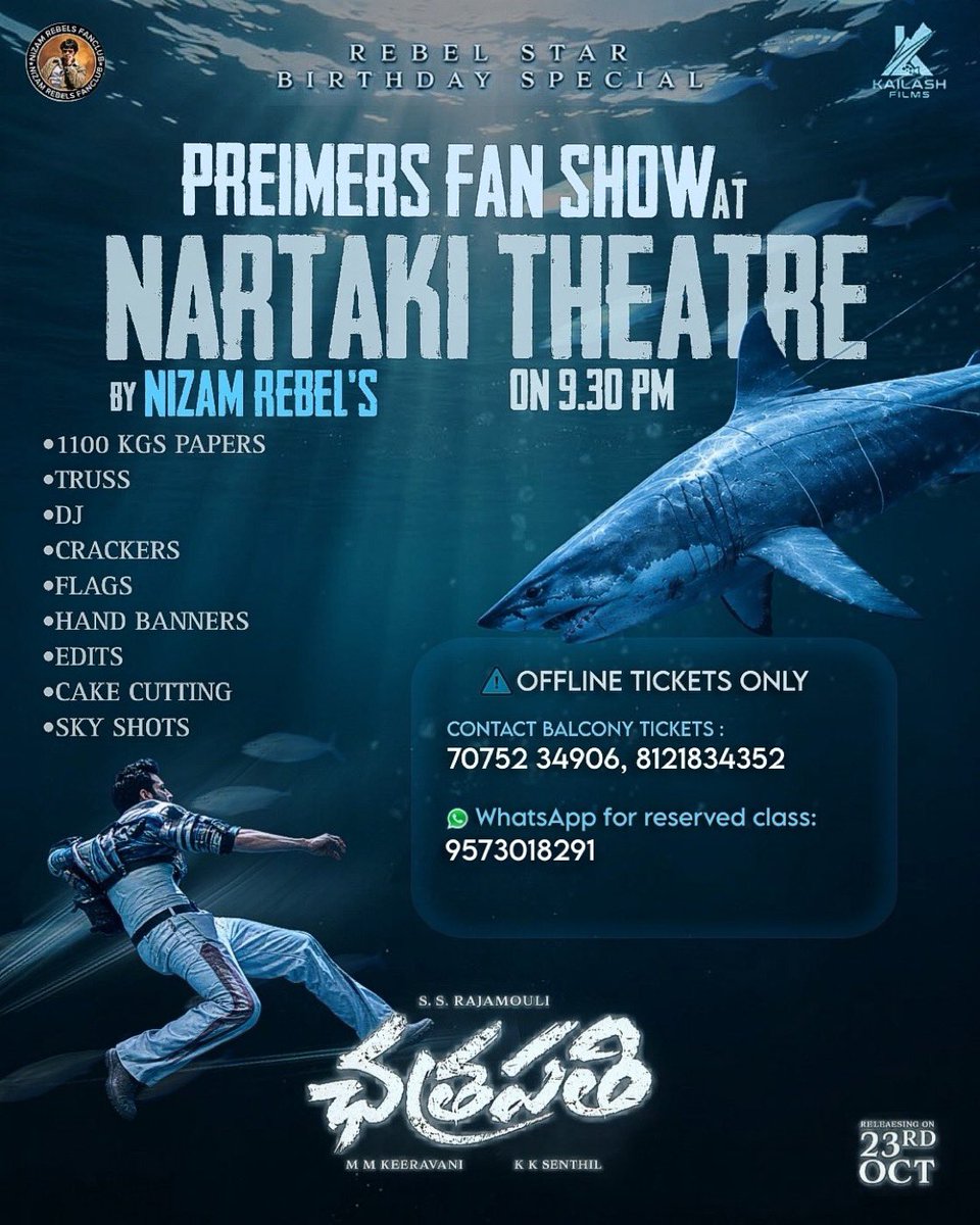 RuthlessREBELS_'s tweet photo. A Grand preimer FAN SHOW 🔥🔥 
For the first time in NARTAKI THEATRE ALWAL . 
WhatsApp for balcony 7075234906 8121834352
WhatsApp for reserved class 9573018291

#Chatrapathi4K #Prabhas https://t.co/RsxBLVsbhM