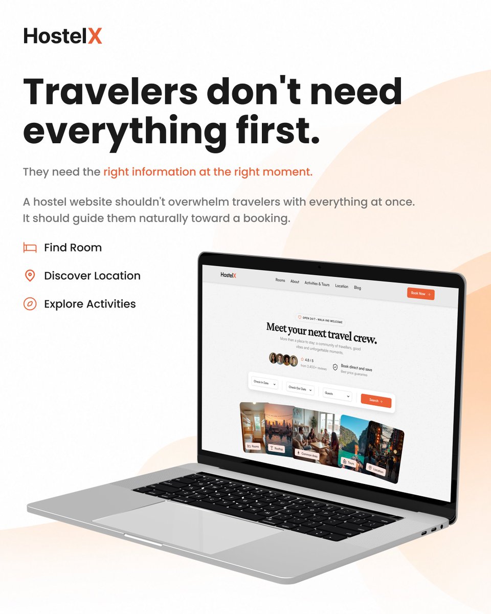 7sync_tech's tweet photo. A great hostel website doesn't show travelers everything at once. It shows them what they need, when they need it.

Answer the right questions. Build confidence. Make booking easy.

Meet HostelX: 
https://t.co/9KqJ9YN17A

#Framer #WebDesign #hospitality #hostel #7sync https://t.co/U56qGO32QH