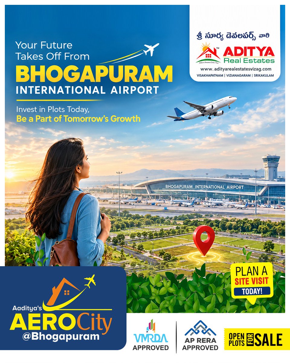 AdityReal's tweet photo. ✈️ Your future takes off from Bhogapuram International Airport! Invest in VMRDA &amp; AP RERA approved open plots at Aaditya’s AeroCity @ Bhogapuram. 🏡

🌐 https://t.co/PBAGBBpZEN

#AadityasAeroCity #BhogapuramAirport #OpenPlots https://t.co/44Cp3criyv