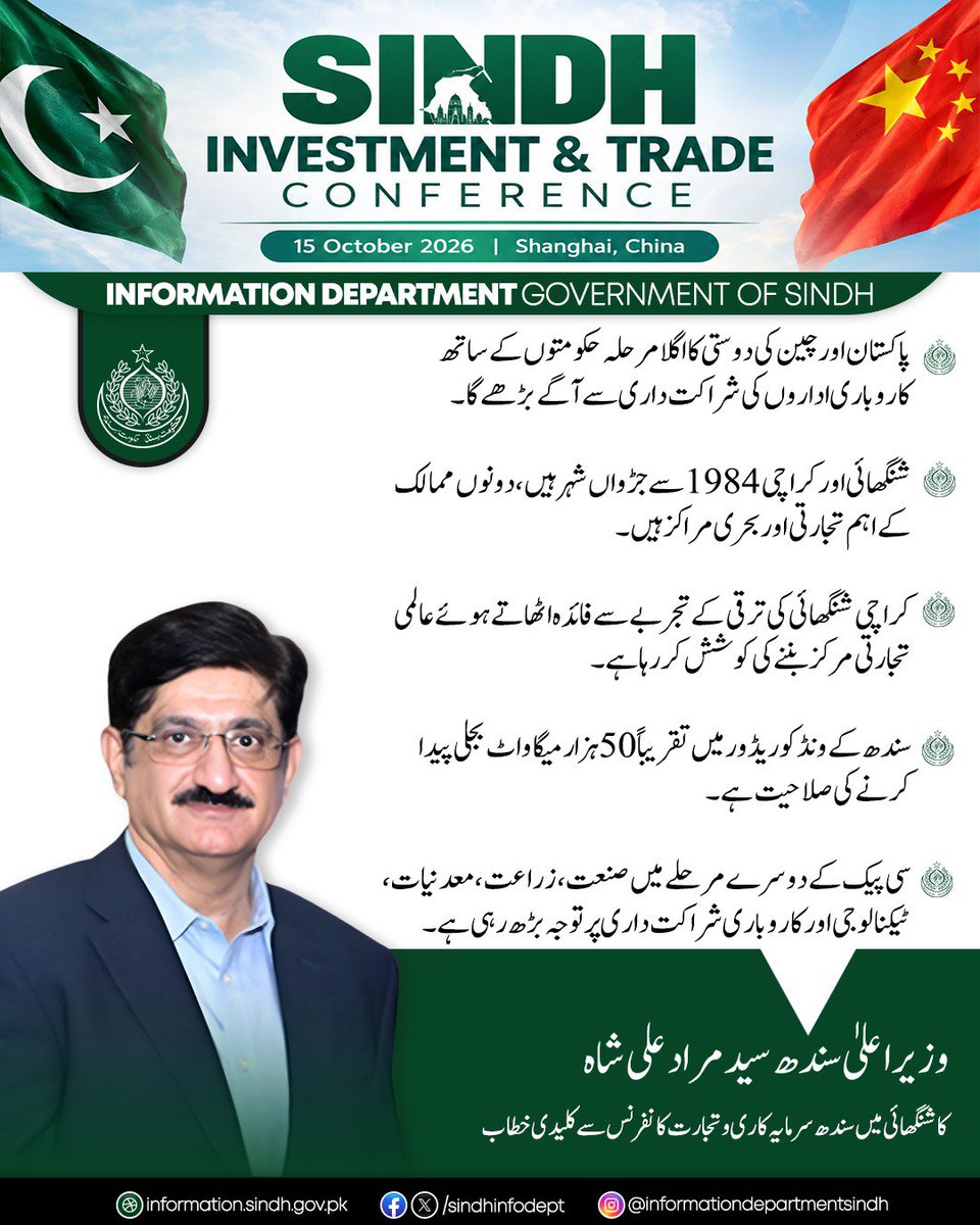 sindhinfodepart's tweet photo. وزیراعلیٰ سندھ سید مراد علی شاہ نے شنگھائی میں سندھ سرمایہ کاری و تجارت کانفرنس سے کلیدی خطاب کرتے ہوئے کہا ہے کہ پاکستان اور چین کی دوستی کا اگلا مرحلہ حکومتوں کے ساتھ کاروباری اداروں کی شراکت داری سے آگے بڑھے گا، شنگھائی اور کراچی 1984 سے جڑواں شہر ہیں، دونوں ممالک کے اہم تجارتی اور بحری مراکز ہیں۔

انہوں نے کہا کہ کراچی شنگھائی کی ترقی کے تجربے سے فائدہ اٹھاتے ہوئے عالمی تجارتی مرکز بننے کی کوشش کر رہا ہے، سندھ کے ونڈ کوریڈور میں تقریباً 50 ہزار میگاواٹ بجلی پیدا کرنے کی صلاحیت ہے، سی پیک کے دوسرے مرحلے میں صنعت، زراعت، معدنیات، ٹیکنالوجی اور کاروباری شراکت داری پر توجہ بڑھ رہی ہے۔

#InvestinSindh
#SindhChinaCooperation