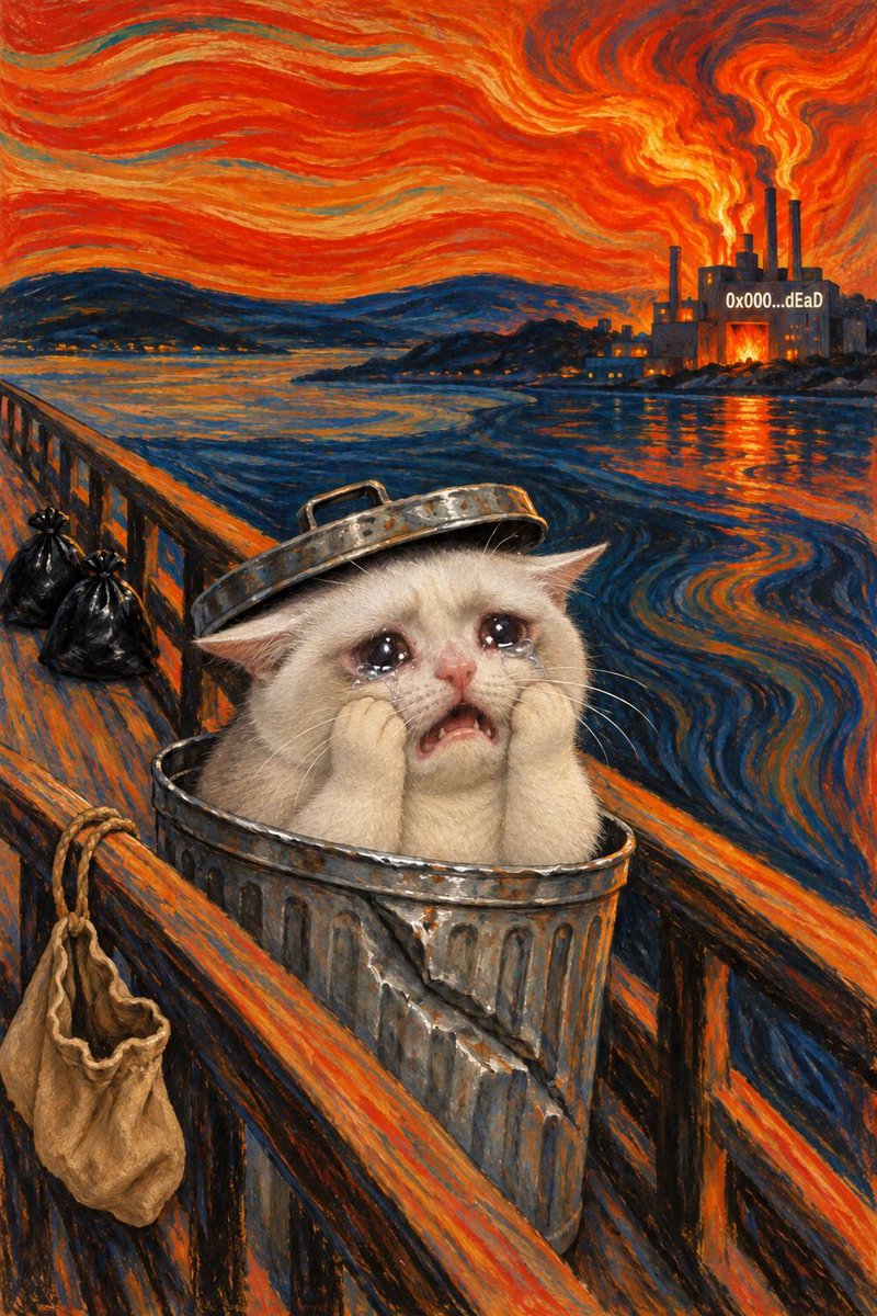 TrashCat_Hood's tweet photo. trash day #5.

me watching the fees go next door again.

0.01 ETH of dev fees → 1.51M $TRASHCAT → the real burn address
0x000000000000000000000000000000000000dEaD

burned so far: 23.11M (2.31% of supply)
still not me. https://t.co/ouTog8PC8l