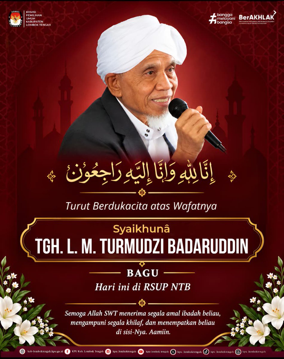 HumasKPULoteng's tweet photo. Innalillahi Wa Inna Ilaihi Raji’un
Keluarga Besar Komisi Pemilihan Umum Kabupaten Lombok Tengah turut berduka cita yang mendalam atas wafatnya:
TGH. L. M. TURMUDZI BADARUDDIN (TGH BAGU) https://t.co/EfQ1ajlMha