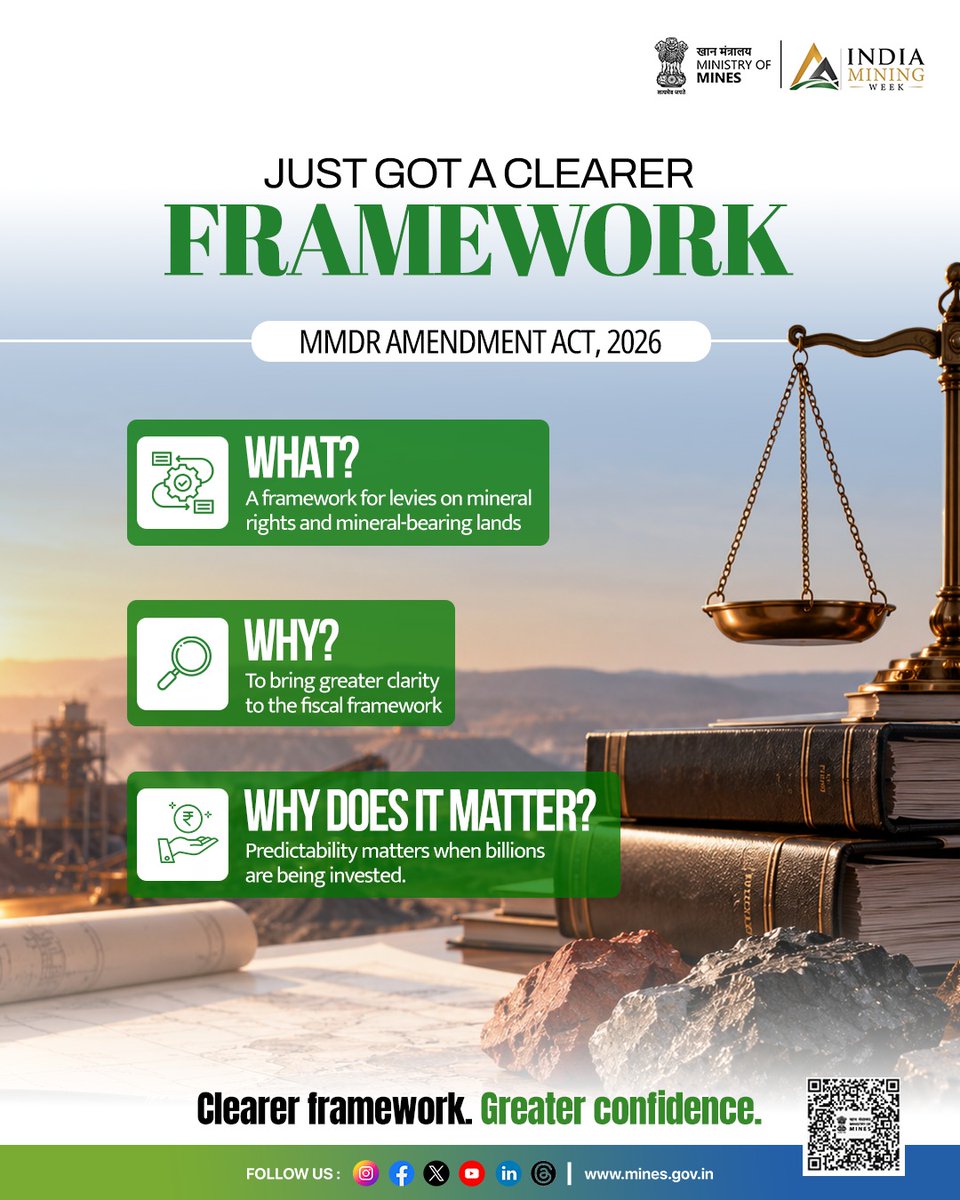 easterncoal's tweet photo. When billions are invested for the long term, a clear framework builds trust.
The Mines and Minerals (Development and Regulation) Amendment Act, 2026 brings that clarity to India’s mining sector.
A clear path. A confident future.
#MMDR2026 #ECL #TeamECL https://t.co/hApQqjmeX0