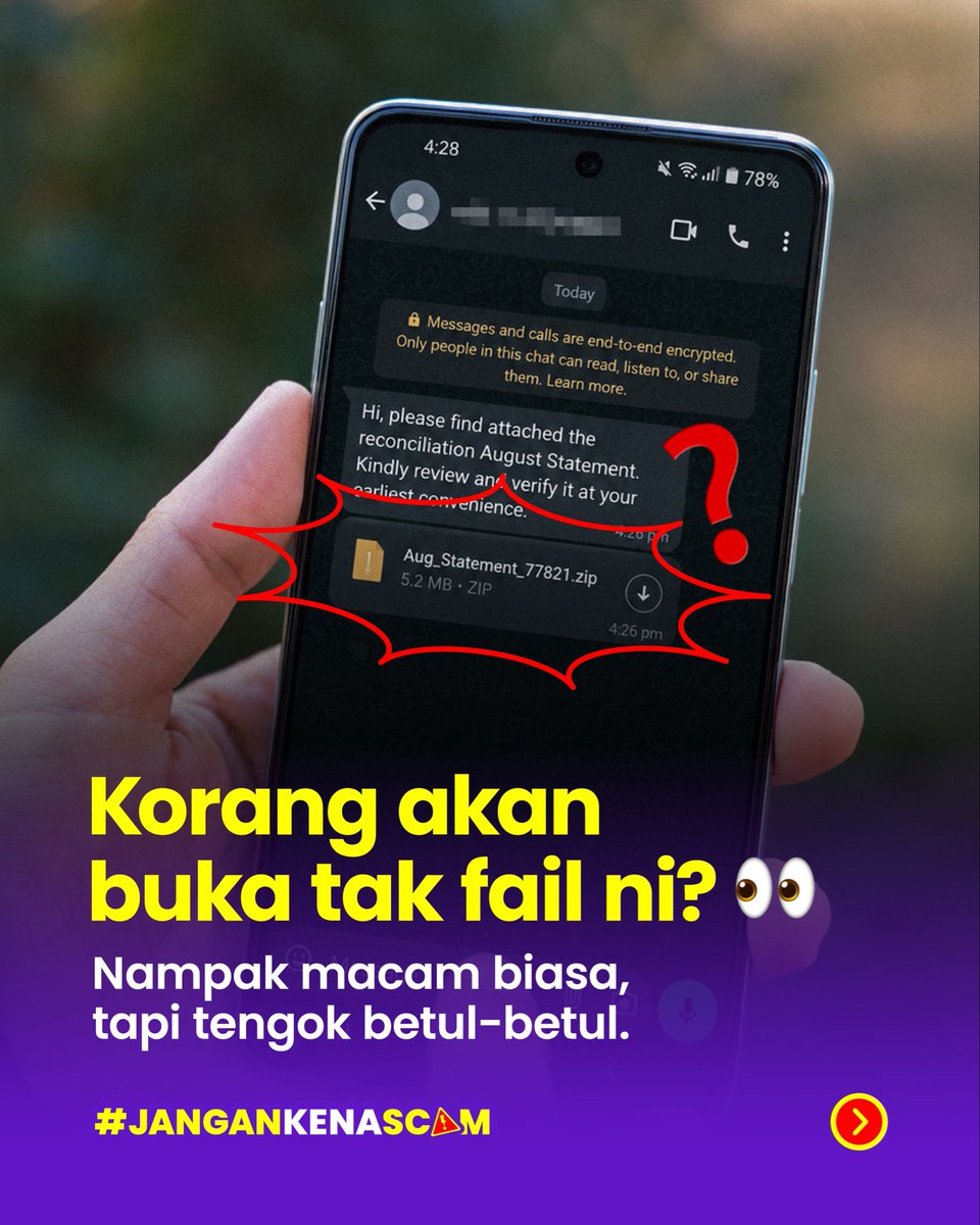 RHBGroup's tweet photo. Fail seperti .ZIP, .PDF atau .DOC pun boleh digunakan untuk menyebarkan malware. Jangan terus buka fail yang tidak dijangka, walaupun Nampak macam dokumen atau gambar biasa.

Kalau tiba-tiba disuruh buka fail di PC, fikir dahulu sebelum buka.  ☎ https://t.co/rfGZU2Mced