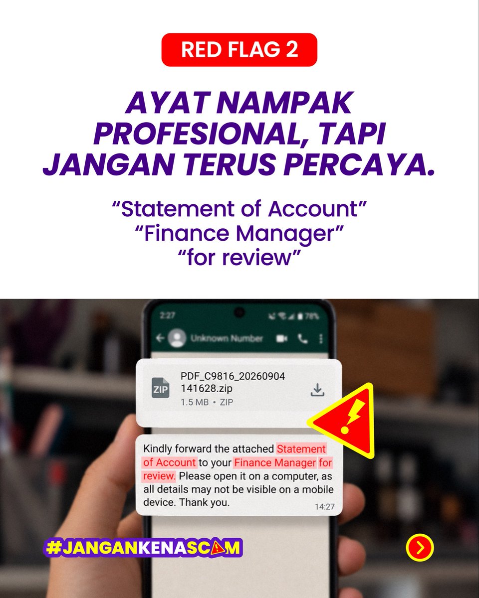 RHBGroup's tweet photo. Fail seperti .ZIP, .PDF atau .DOC pun boleh digunakan untuk menyebarkan malware. Jangan terus buka fail yang tidak dijangka, walaupun Nampak macam dokumen atau gambar biasa.

Kalau tiba-tiba disuruh buka fail di PC, fikir dahulu sebelum buka.  ☎ https://t.co/rfGZU2Mced