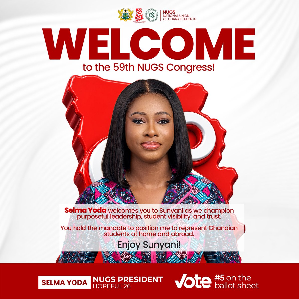 selma_yoda's tweet photo. Welcome to Sunyani Delegates, Selma YODA is here!🇦🇹

As we gather for the 59th NUGS Congress, the vision remains clear: Leadership, Visibility, and Trust.

Vote Number 5 on the ballot!

#Leadership #Visibility #Trust https://t.co/JhYmV00duy