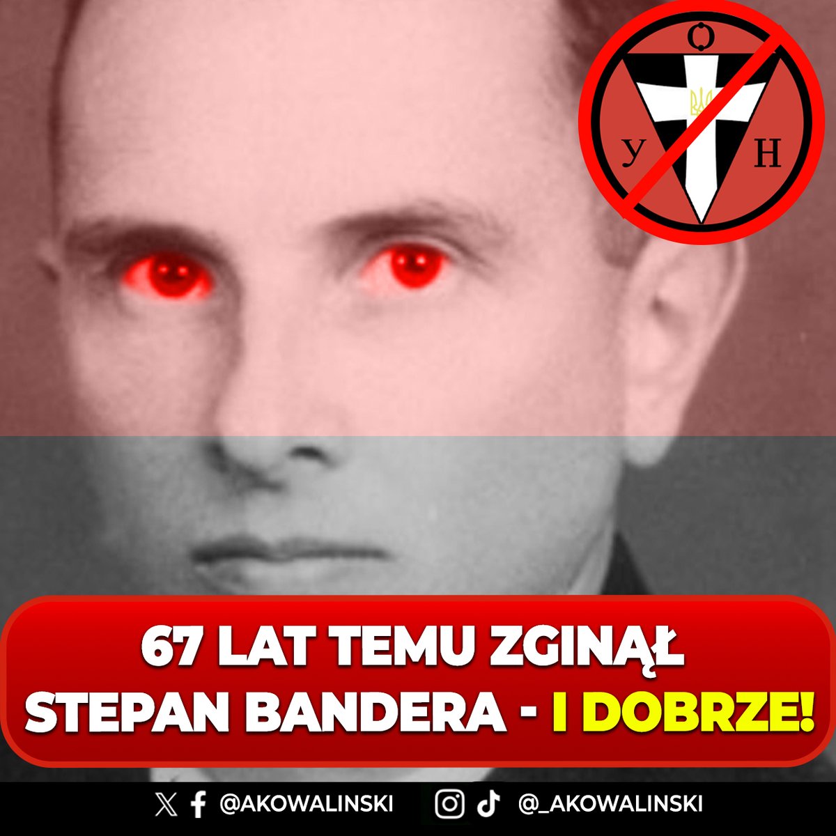 AKowalinski's tweet photo. 67 lat temu zginął Stepan Bandera. Jest niestety nadal jednym z głównych bohaterów na 🇺🇦 Ukrainie, a tymczasem był to:

❌ terrorysta skazany przed wojną na karę śmierci
❌ kolaborant III Rzeszy
❌ inspirator i ideowy patron ludobójstwa na 🇵🇱 na Wołyniu i w Małopolsce Wschodniej https://t.co/5NFelum80t