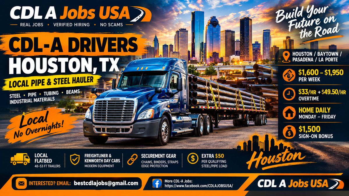 CDLAJobsUSA's tweet photo. CDL-A LOCAL PIPE &amp; STEEL HAULER — HOUSTON, TX

💰 $1,600–$1,950/WEEK
💵 $33/HR + $49.50/HR OVERTIME
🏠 HOME DAILY — MONDAY–FRIDAY
🎁 $1,500 SIGN-ON BONUS
📍 Houston, Baytown, Pasadena, La Porte &amp; Deer Park
👉 Apply Here: https://t.co/YFUIRGKMjy https://t.co/WyLRiZn6Lj
