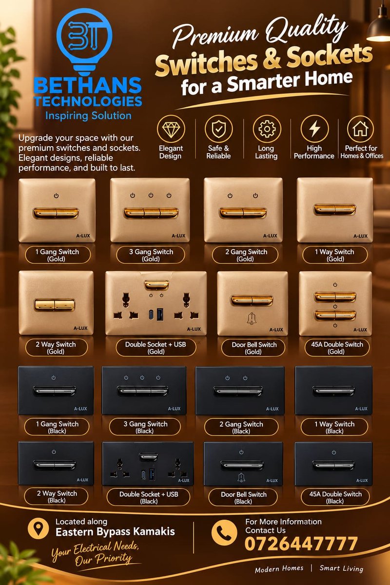 BethansTech's tweet photo. ✨ A-LUX Switches &amp; Sockets – Elegance Meets Quality! ✨
Upgrade your home, office, or business with our stylish, durable, and modern switches and sockets. Designed to add a touch of class to every space. 🤎
#TransNzoiaFocus https://t.co/8hyrzM405x