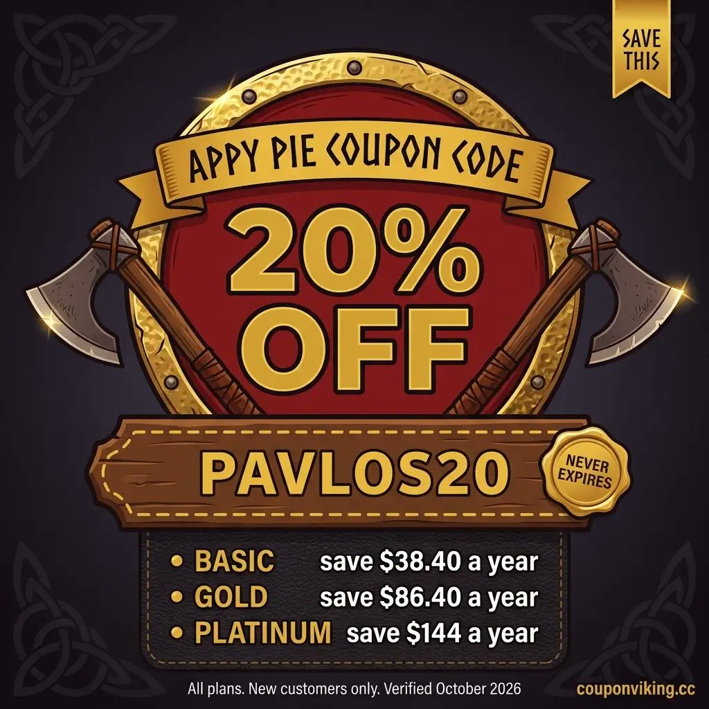 CouponVikingcc's tweet photo. 🤑 Build an app without code, save 20% forever.

Appy Pie coupon code PAVLOS20 works on every plan, monthly or yearly. It never expires.

Stack it with annual billing and Platinum drops from $1,440 to $576. That is $864 saved.

Learn more 👇

#CouponCode #SideHustle #AIApps https://t.co/85brzcHigS