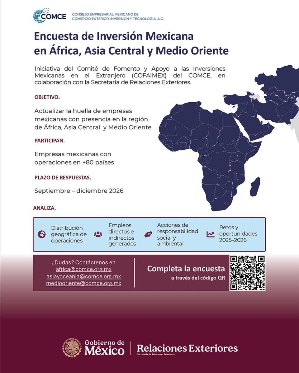EmbaMexKen's tweet photo. Invitamos a empresas mexicanas a responder la Encuesta de Inversión Mexicana en África, Asia Central y Medio Oriente de @COMCE/COFAIMEX
Midamos juntos la huella de las empresas mexicanas en la región de Medio Oriente y África🌍
📝Es anónima, confidencial y con fines estadísticos. https://t.co/YrP2zDWnsE
