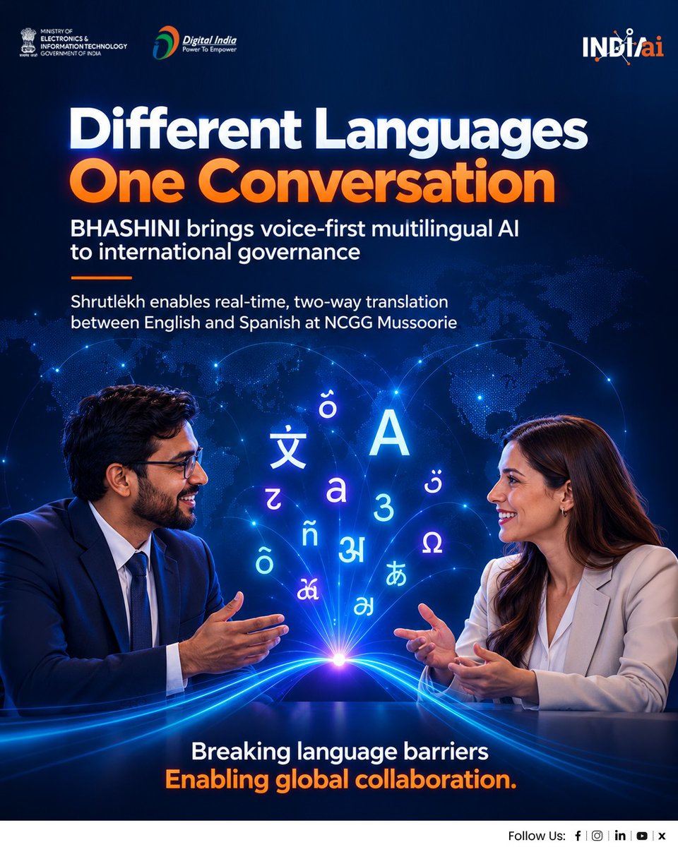 OfficialINDIAai's tweet photo. What if language were no longer a barrier to sharing ideas? 

At the National Centre for Good Governance (NCGG), Mussoorie, @_BHASHINI's  Shrutlekh platform is enabling real-time, two-way translation between English and Spanish during an international capacity-building programme for civil servants.

By helping delegates communicate across languages, voice-first multilingual AI is supporting more inclusive conversations, knowledge exchange and international collaboration.

From local interactions to global engagement, @_BHASHINI  is making communication more accessible through AI-powered language technology. Read more here: https://t.co/Fz7mF8J99a

One conversation. Many languages. Boundless possibilities.

#BHASHINI #IndiaAI #DigitalIndia #MultilingualAI #AIForGovernance 

@AshwiniVaishnaw @JitinPrasada @SecretaryMEITY @sudeep_tweets @GoI_MeitY @_DigitalIndia @mygovindia @amitabhnag