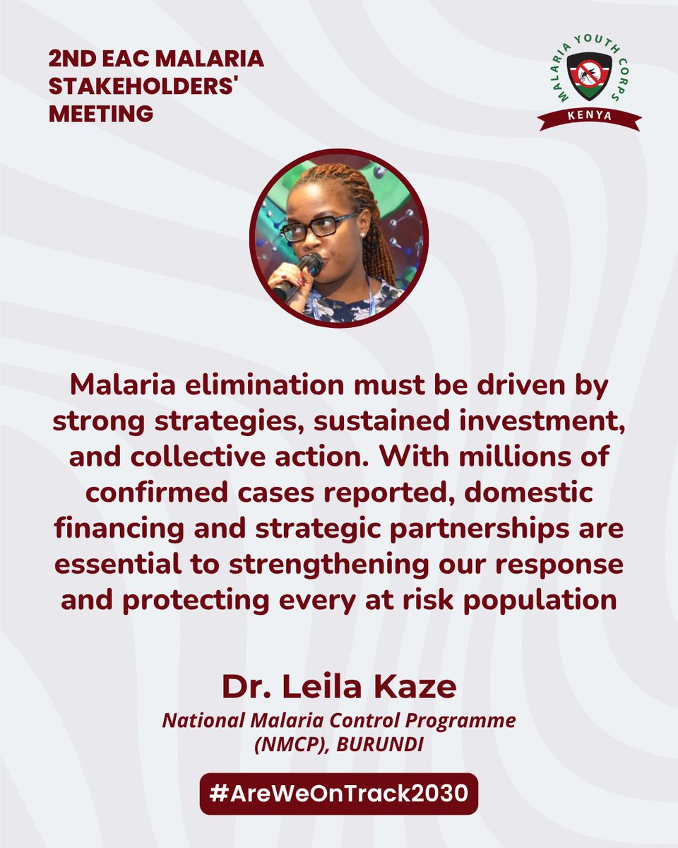 MalariaYouthKE's tweet photo. At the 2nd EAC Malaria Stakeholders’ Meeting, Dr. Leila Kaze of Burundi’s NMCP stressed the need to turn commitments into action and ensure life-saving interventions reach every at-risk community.
Are we on track for 2030?
#AreWeOnTrack2030 #Malaria2030 #EndMalaria #KeMYC https://t.co/pJG5YxSVTH