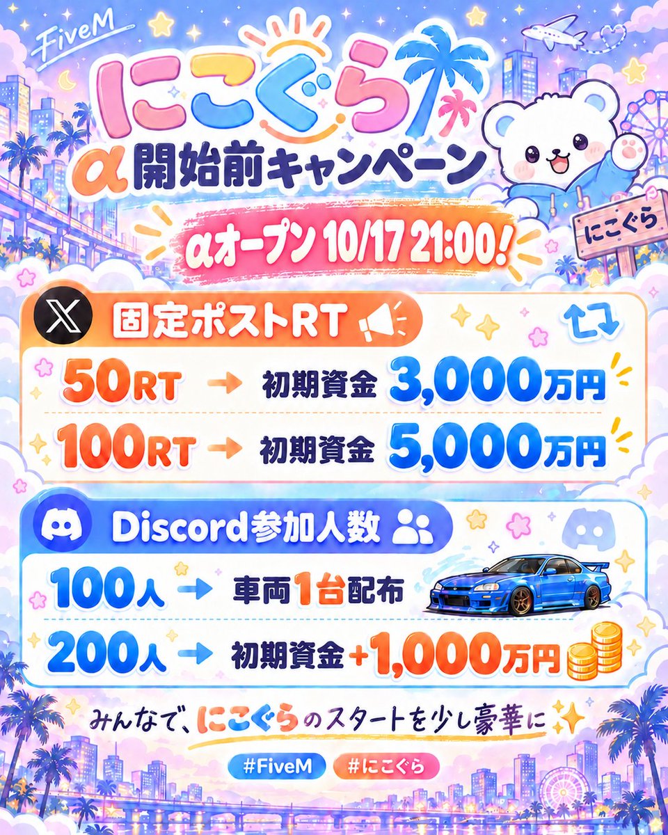 NicoGura0810's tweet photo. ⏳ NicoGura α OPENまで、あと2日！ 🐻✨
10月16日よりWhitelist事前申請を開始します。
📅 10月16日：Whitelist申請開始
🏙️ 10月17日 21:00：α OPEN
参加方法・公式ルールも順次最終調整中。
入国予定の方は、Discordで事前準備をお願いします！
いよいよ、にこぐらが動き出します。
#FiveM #にこぐら https://t.co/NhPPtgzwsP