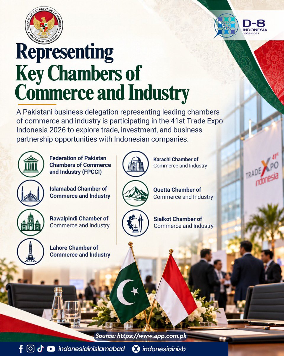 IndonesiainIsb's tweet photo. 🇮🇩🇵🇰 From textiles to technology, Indonesia and Pakistan have more opportunities to explore together.

A Pakistani business delegation is participating in the 41st Trade Expo Indonesia on 14–18 October 2026 to explore markets, connect with Indonesian companies https://t.co/QLT0EIIkQ2