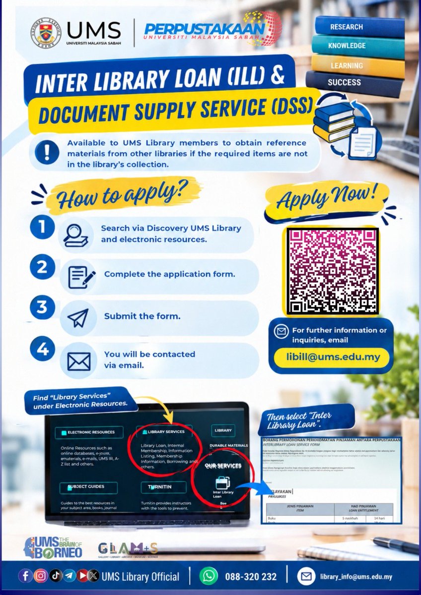 Lib_UMS's tweet photo. ๐ INTER LIBRARY LOAN (ILL)
Looking for materials not available in the UMS Library collection? Use the ILL service to obtain materials from other libraries.
๐ https://t.co/wPPpdLZ8vg
#ILL #PAP #PPD #UMSLibrary #LibraryServices https://t.co/hxi2fVSj2Q