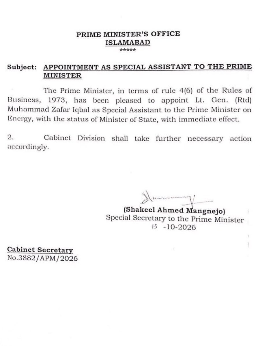 PakistanFauj's tweet photo. The Prime Minister of Pakistan Muhammad Shehbaz Sharif appoints Lieutenant General (R) Muhammad Zafar Iqbal as the Special Assistant to the Prime Minister on Energy, with the status of Minister of State, with immediate effect. https://t.co/G8aLFUypQ0