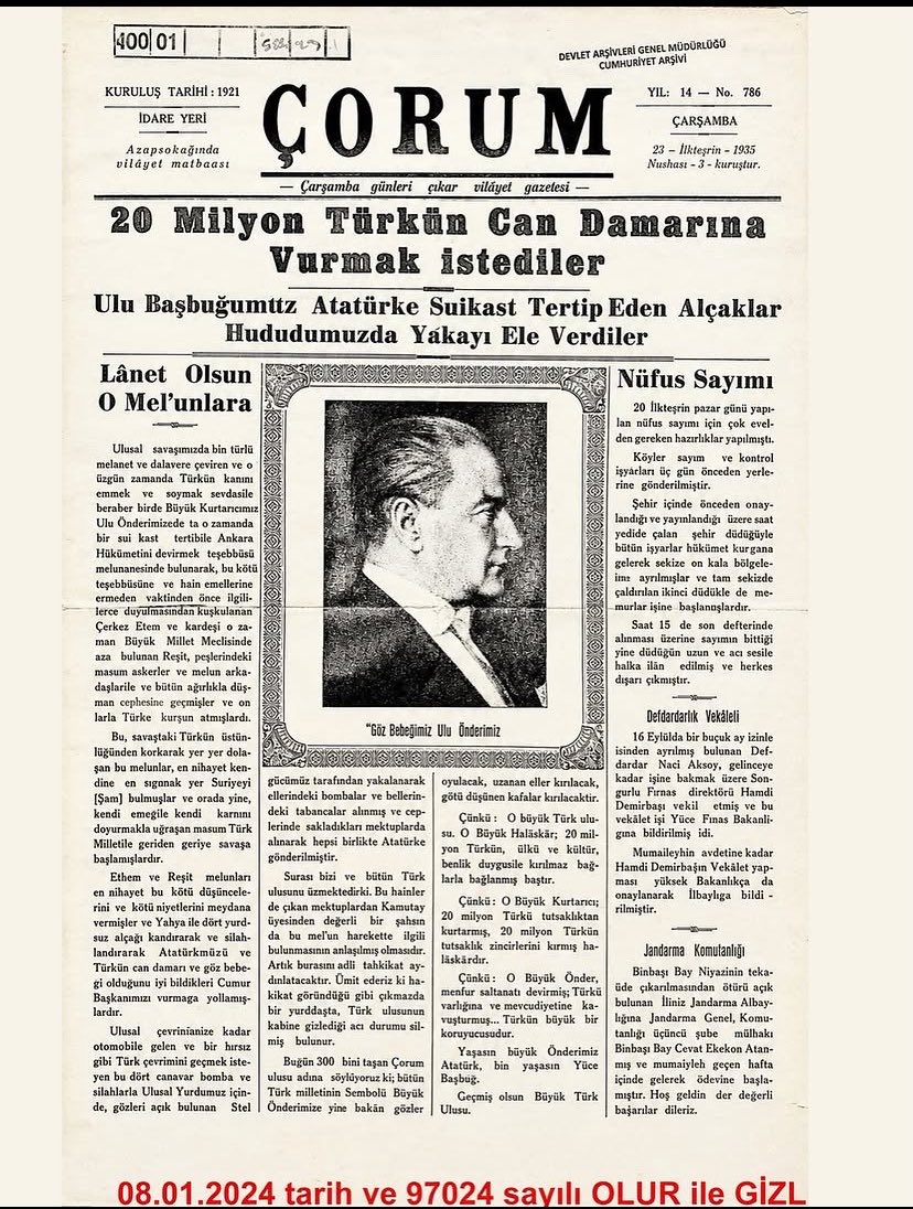 mandmgoat's tweet photo. Sadece meydanda değil, yerel basında da aynı net duruş. 

1935 yılından Çorum Gazetesi arşivi “Ulu Başbuğumuz Atatürk'e Suikast Tertip Eden Alçaklar...” https://t.co/vHUUBNgZAU