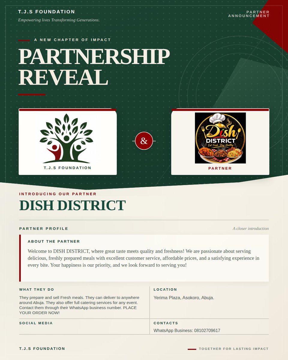 TJSFoundationng's tweet photo. 🌟 PROUD PARTNER SPOTLIGHT: DISH DISTRICT 🌟

​As we gear up for our upcoming October Impact Weekend, we are beyond thrilled to introduce and celebrate one of our amazing community partners— DISH DISTRICT! 🎉

​#TJSFoundationng #OctoberImpactWeekend 
#AbujaCatering
#AbujaFoodie https://t.co/MFkgTa8Izm