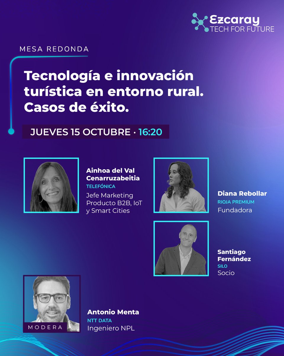 ezcaraytff's tweet photo. 🌿 ¿Qué puede aportar la tecnología al turismo rural?

@Telefonica , La Rioja Premium y SILO comparten casos de éxito en una mesa moderada por Antonio Menta, de @NTTDataSpain.

#EzcarayTechForFuture #EzcarayTechForFuture2026 https://t.co/kUqHkIktLP