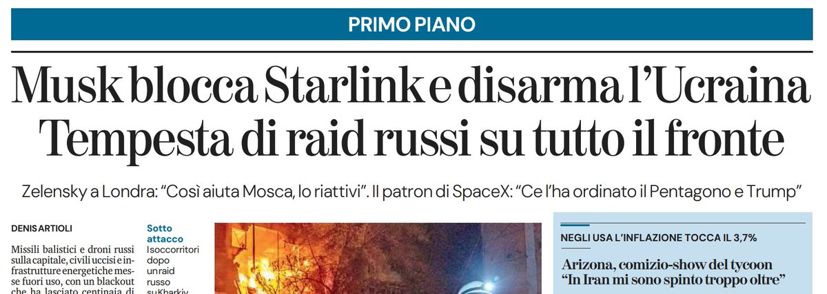 MarceVann's tweet photo. Dopo la fake dei bot russi eliminati con l'esplosione di Yandex, oggi LaStampa diffonde la fake del blocco di Starlink da parte di Musk: infatti non c'è stato alcun blocco di Starlink e il blocco di Starshield è stato ordinato dalla Casa Bianca.

#RassegneStampaDalRincoglionitico https://t.co/bEmmTWGgPU