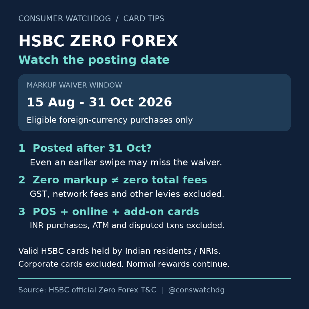 conswatchdg's tweet photo. ✈️ HSBC forex tip: 1. Markup waived till 31 Oct. 2. Posting date counts, not swipe date. 3. GST/other fees aren't waived. Eligible cards only. @HSBC_IN @Cashkarocom https://t.co/iynTP8y8vZ Apply: https://t.co/f44tpI232a #Cards #Travel Follow @conswatchdg for more updates https://t.co/E7qgmItmkK