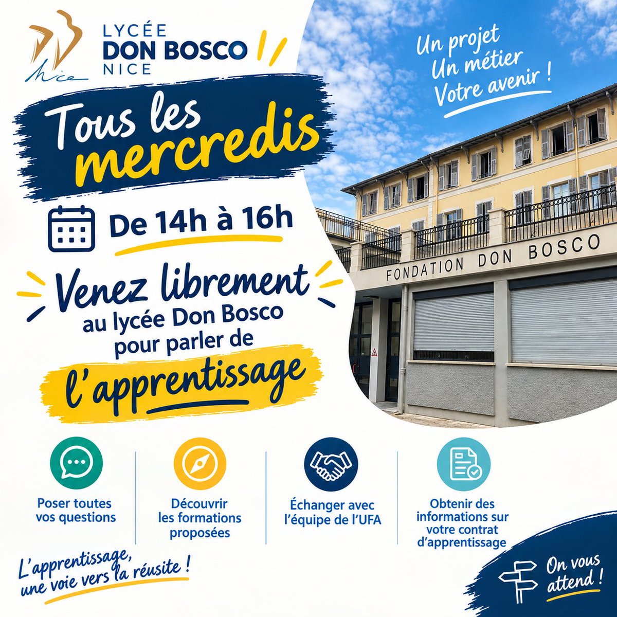 DonBoscoNice's tweet photo. 🚀Tous les mercredis de 14h à 16h hors vacances scolaires, l’équipe de l'UFA Don Bosco Nice vous accueille sans rendez-vous !
Jeunes, familles, futurs apprentis : venez poser vos questions, découvrir nos formations et parler de votre projet d’alternance. https://t.co/RPMvmeiCAs