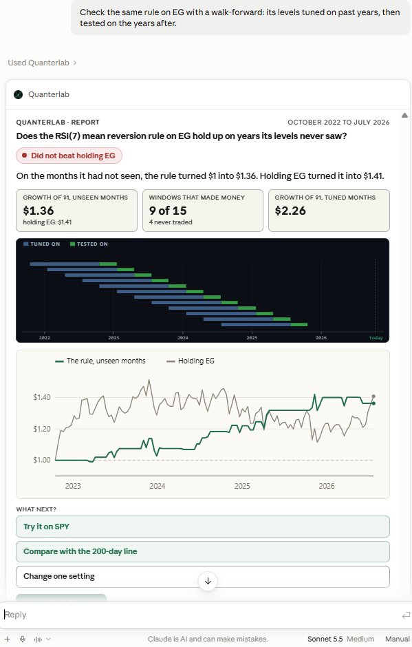 QuanterLab's tweet photo. QuanterLab is now listed in Anthropic's own directory.

Describe your rule in a Claude chat and QuanterLab tests it for you:
"Would the 200-day line have beaten simply holding Tesla?"

Free runs every day.
https://t.co/HoNjqNq3ZQ https://t.co/95elSrvueA