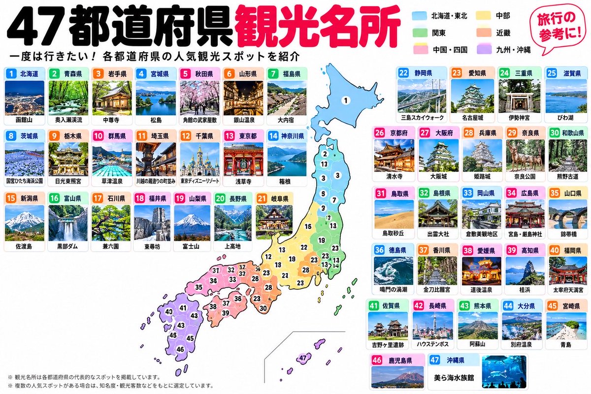 2hzat1's tweet photo. 47都道府県別観光名所

ほぼほぼ行ったことある https://t.co/T6fLnSwD7v