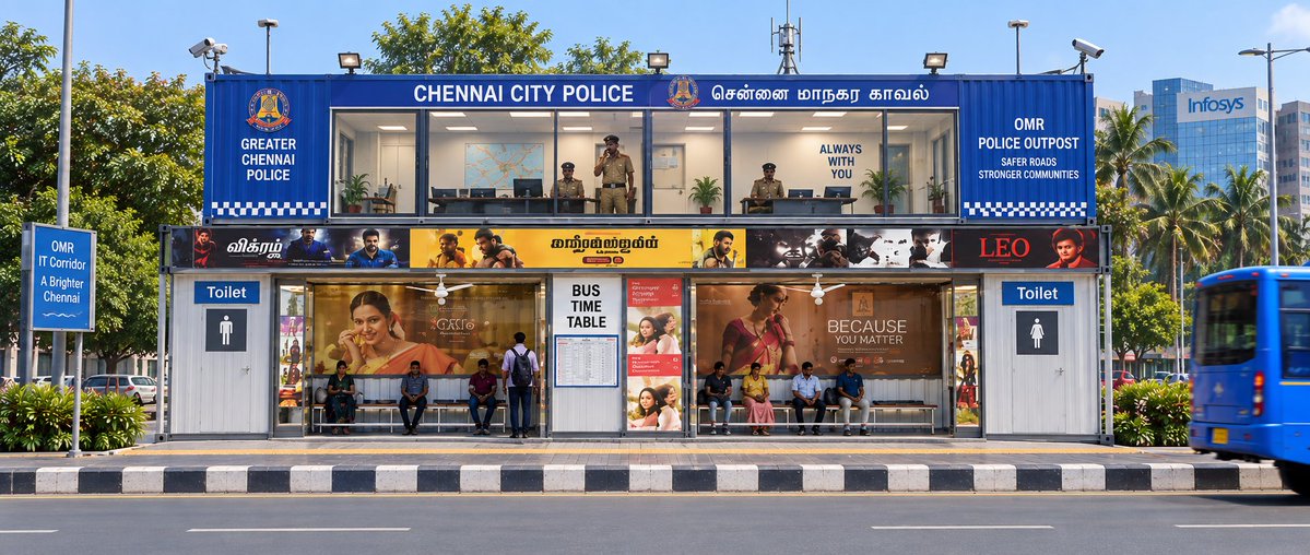 sureshmenonnew's tweet photo. My proposal.
Bus stops with two Toilets and a Police booth built with two 40ft shipping containers...simple and practical. 
Get Corporate CSR/Rotary/MLA fund for the cap-ex...and the advertising revenue pays for the maintenance. 
Zero cost to Govt.
Instead of spending crores on air-conditioned bus stops.
With these stops every few hundred meters, Chennai hopefully will be a little cleaner and less stinky 😊
@CMOTamilnadu