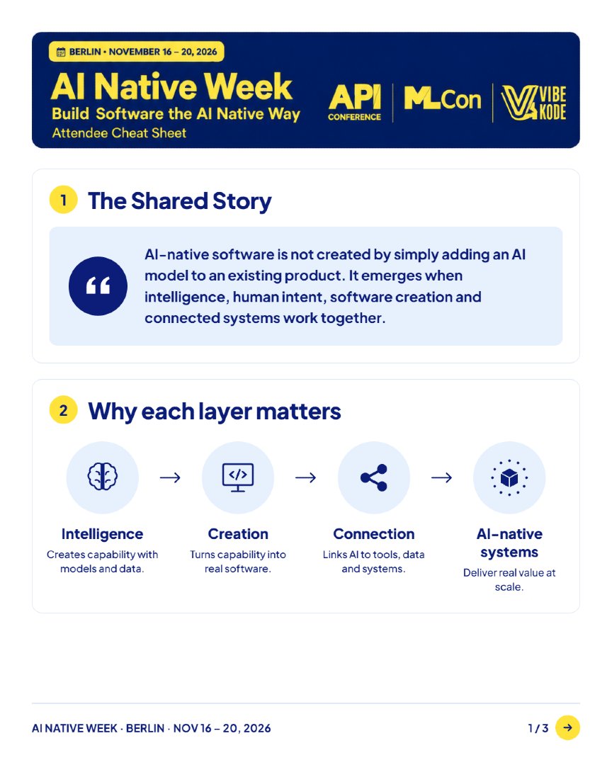 api_conference's tweet photo. API Conference Berlin is coming to Berlin as part of AI Native Week — Nov 16–20, 2026. Explore AI-ready APIs, agents, MCP, security &amp; architecture alongside VibeKode Conference and ML Conference.
Early Bird ends tomorrow, Sept 10! 🎟️
https://t.co/rLUzELXrqM https://t.co/0GwywjoTkA