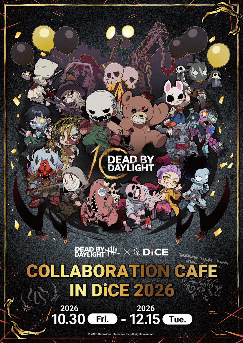 netcafe_dice's tweet photo. ◢◤

✦10th Anniversary✦
#DeadbyDaylight×DiCE
【コラボカフェ2026 開催決定！】
￣￣￣￣￣￣￣￣￣￣￣￣￣￣￣
メインビジュアル公開！

◥◣

✦ 10/30(金)~12/15(火)
✦ 池袋・大阪・札幌・仙台・大宮・自由が丘(東京都)

限定グッズ＆コラボメニュー、
コラボルームの詳細は後日公開‥！

続報をお楽しみに‥！
#ダイスDbDコラボ2026🪓

#DBD10周年 #DbD
#デドバの日
#デッドバイデイライト