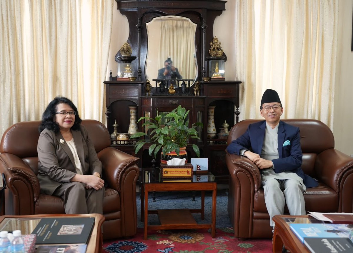 MofaNepal's tweet photo. H.E. Ms Listyowati, newly accredited Non-Resident Ambassador of the Republic of Indonesia to Nepal, paid a courtesy call on Foreign Secretary Mr Amrit Bahadur Rai at the Ministry today.

Foreign Secretary Rai congratulated the Ambassador on her appointment and wished her success in her new assignment.

They also shared views on further strengthening Nepal-Indonesia relations for mutual benefit of the two countries.