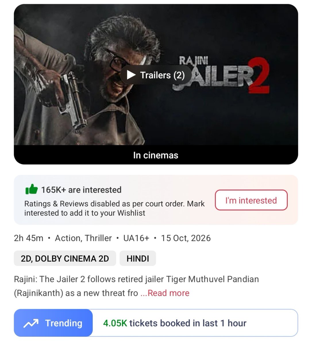 filmy_view's tweet photo. #Jailer2 TSUNAMI 🌪️💥💥
12-1pm    
Tickets sold on BMS- 70750 
Total from 6am- 3,18,090 https://t.co/3tLc303bpS
